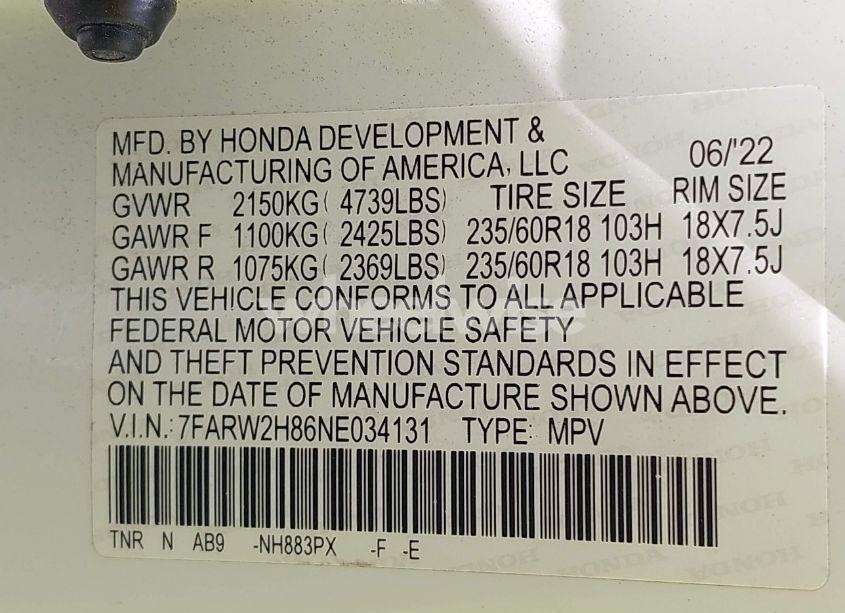 Photo 9 of 2022 Honda Cr-v AWD EX-L (VIN 7FARW2H86NE034131)