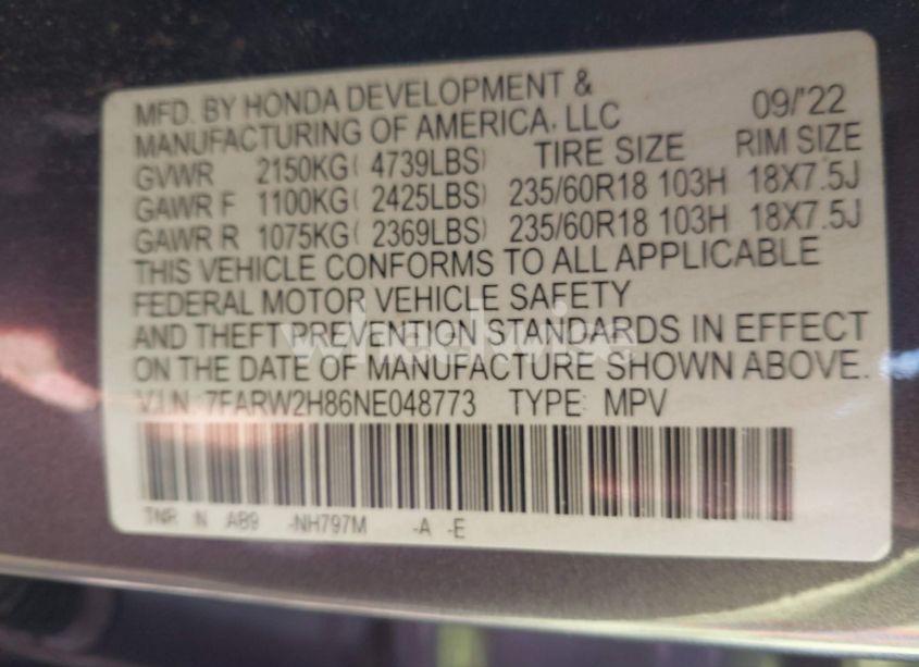 Photo 9 of 2022 Honda Cr-v AWD EX-L (VIN 7FARW2H86NE048773)