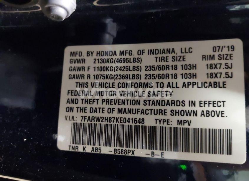 Photo 9 of 2019 Honda Cr-v EX-L (VIN 7FARW2H87KE041648)