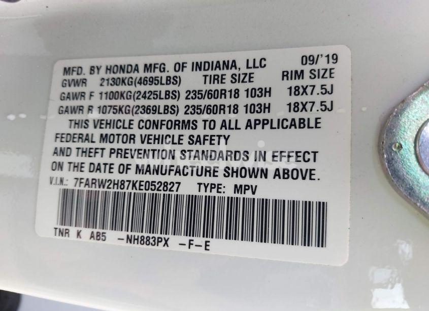 Photo 9 of 2019 Honda Cr-v EX-L (VIN 7FARW2H87KE052827)