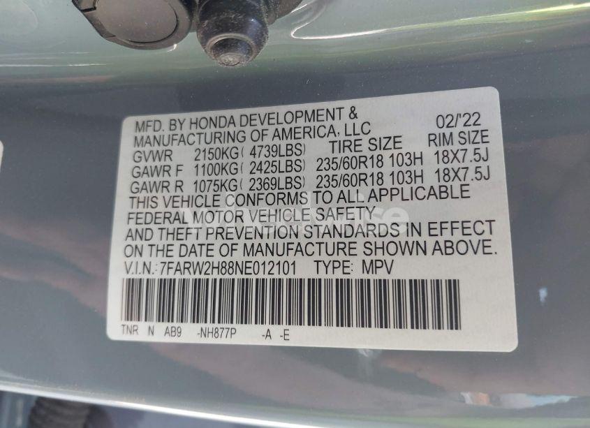 Photo 9 of 2022 Honda Cr-v AWD EX-L (VIN 7FARW2H88NE012101)
