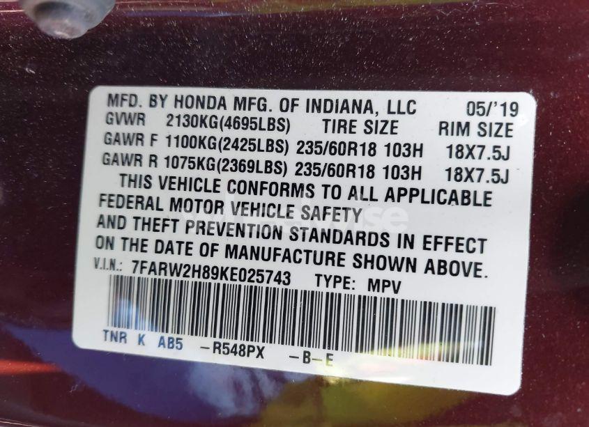 Photo 9 of 2019 Honda Cr-v EX-L (VIN 7FARW2H89KE025743)