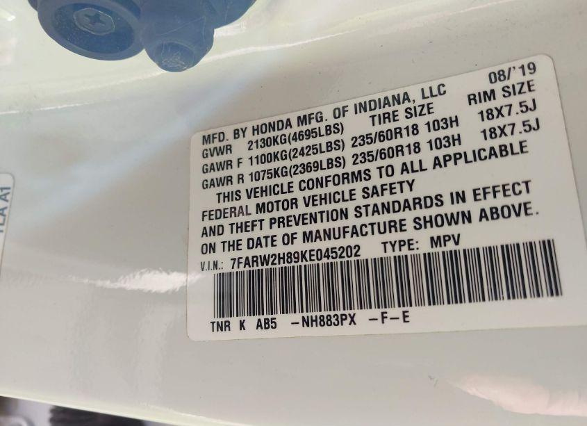 Photo 9 of 2019 Honda Cr-v EX-L (VIN 7FARW2H89KE045202)