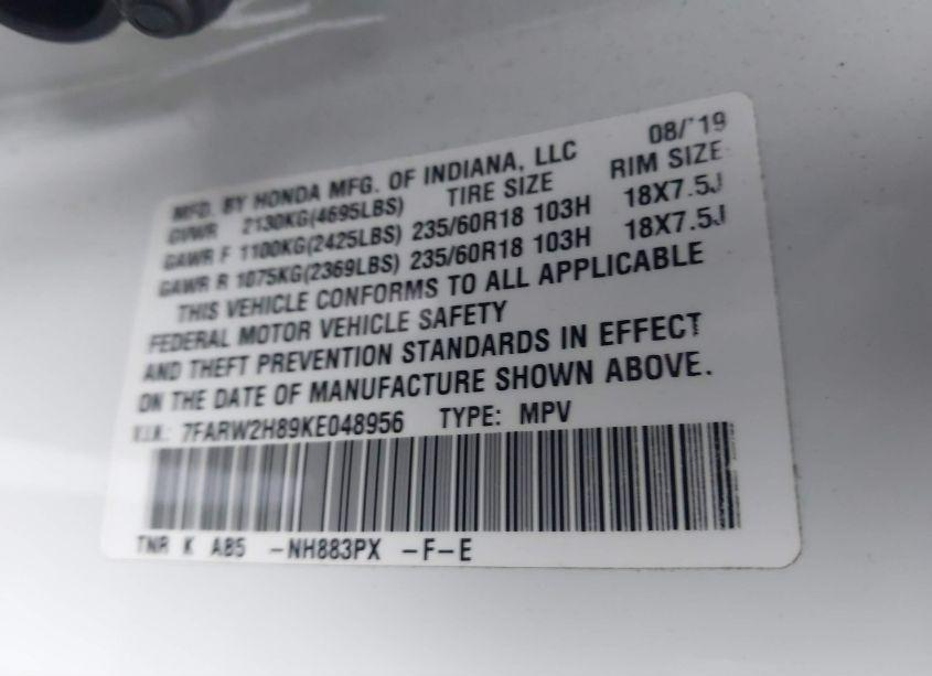 Photo 9 of 2019 Honda Cr-v EX-L (VIN 7FARW2H89KE048956)