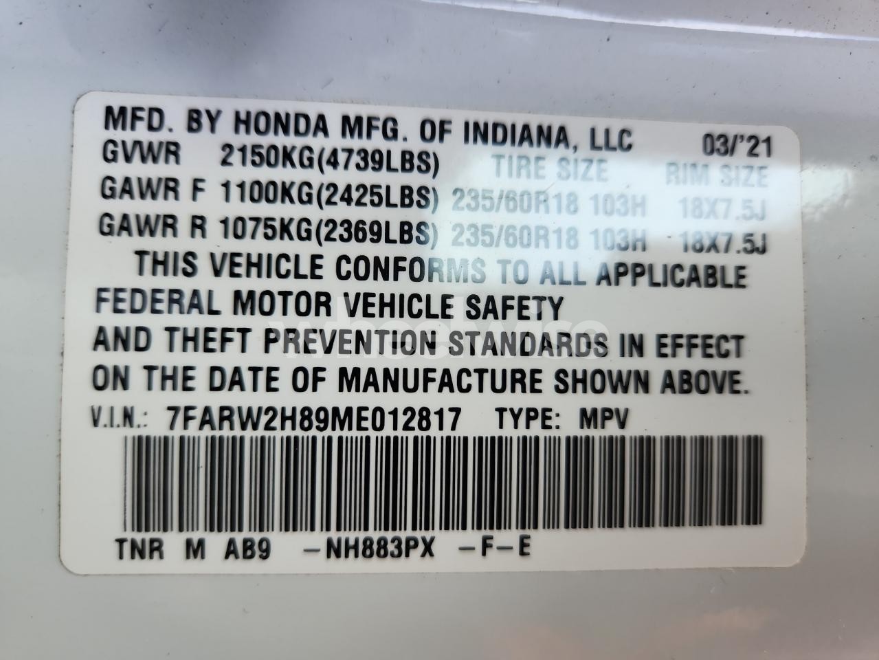 Photo 14 of 2021 HONDA CR-V EXL (VIN 7FARW2H89ME012817)