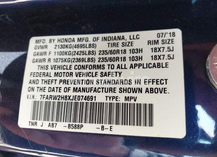 Photo 9 of 2018 Honda Cr-v EX-L/EX-L NAVI (VIN 7FARW2H8XJE074691)