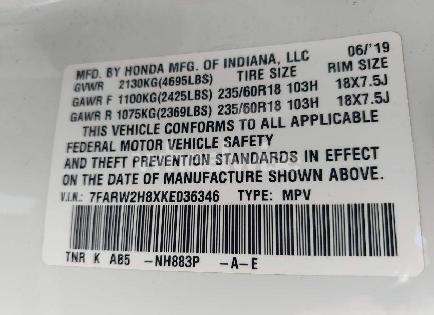 Photo 9 of 2019 Honda Cr-v EX-L (VIN 7FARW2H8XKE036346)