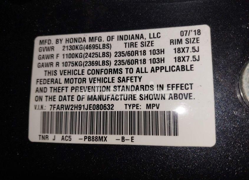 Photo 9 of 2018 Honda Cr-v TOURING (VIN 7FARW2H91JE080632)
