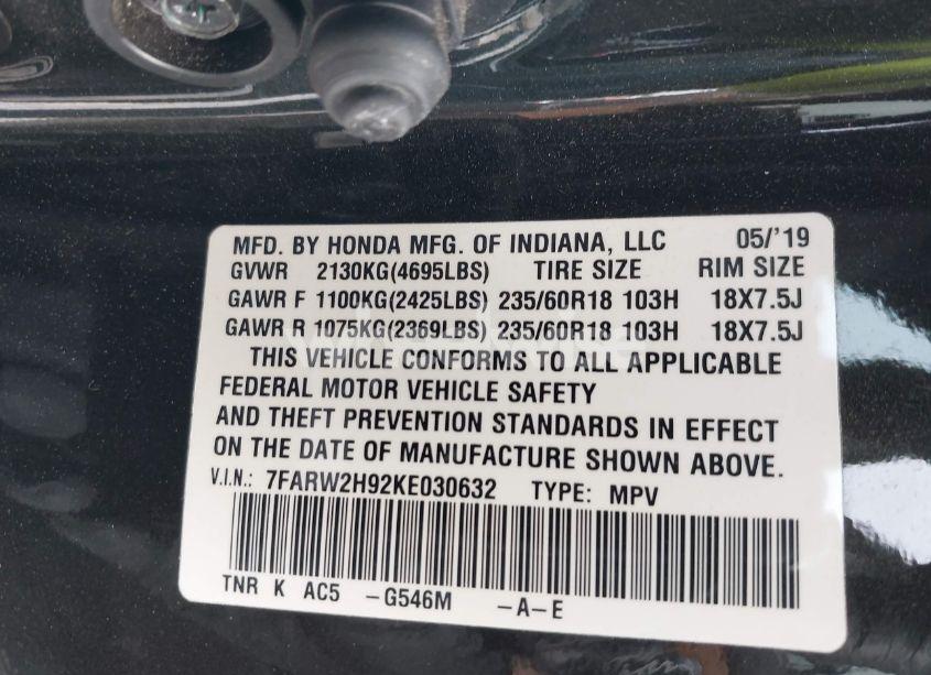 Photo 9 of 2019 Honda Cr-v TOURING (VIN 7FARW2H92KE030632)