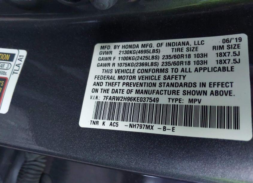 Photo 9 of 2019 Honda Cr-v TOURING (VIN 7FARW2H96KE037549)