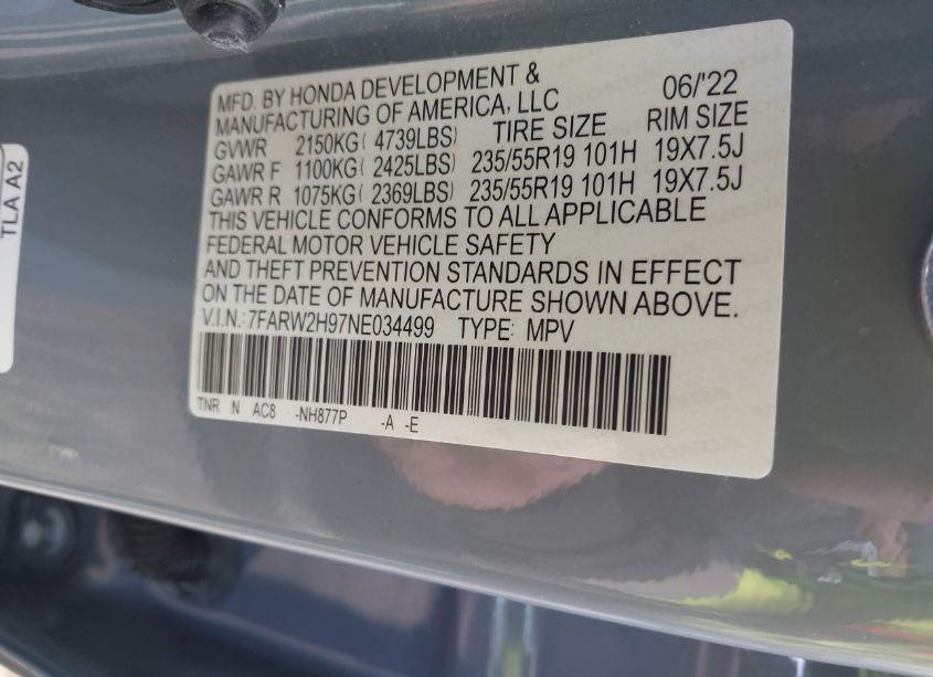 Photo 9 of 2022 Honda Cr-v AWD TOURING (VIN 7FARW2H97NE034499)