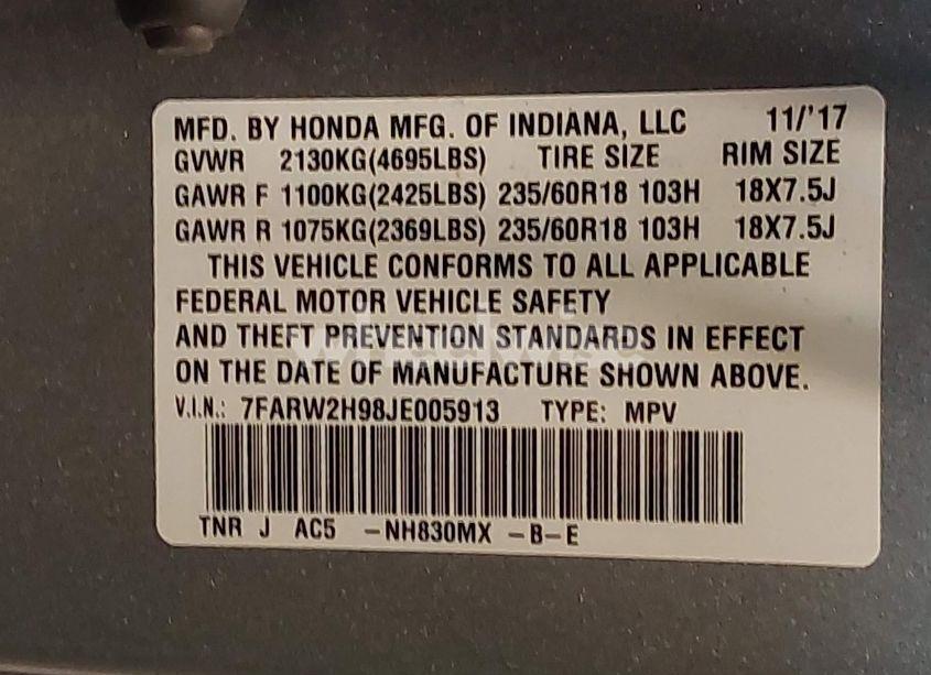 Photo 9 of 2018 Honda Cr-v TOURING (VIN 7FARW2H98JE005913)
