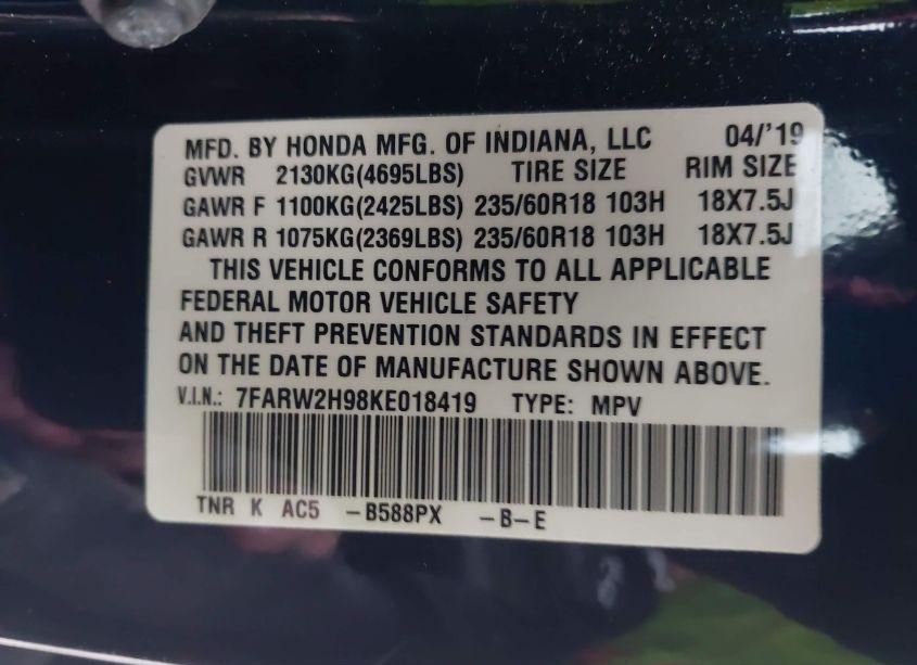 Photo 9 of 2019 Honda Cr-v TOURING (VIN 7FARW2H98KE018419)