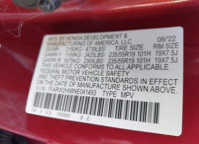 Photo 9 of 2022 Honda Cr-v AWD TOURING (VIN 7FARW2H98NE041493)