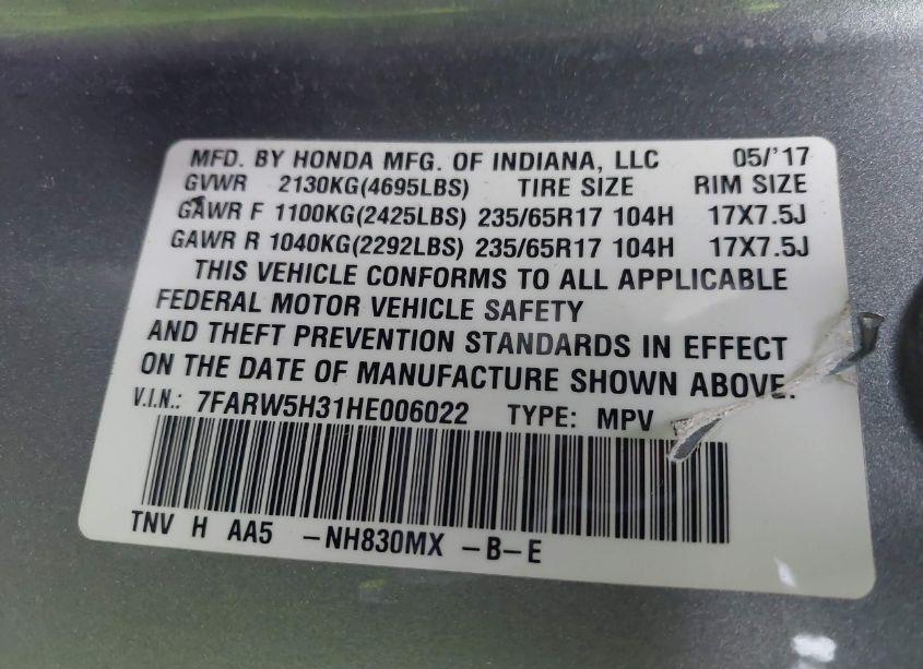 Photo 9 of 2017 Honda Cr-v LX (VIN 7FARW5H31HE006022)