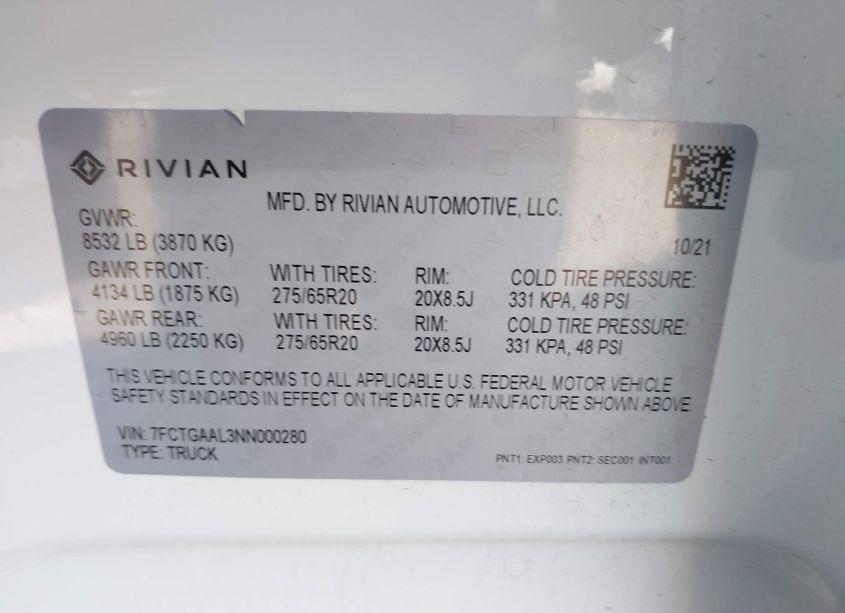 Photo 8 of 2022 Rivian R1t LAUNCH EDITION (VIN 7FCTGAAL3NN000280)