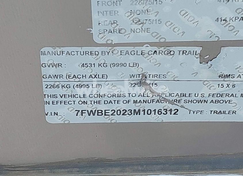 Photo 9 of 2021 Eagl 8 5X20TA3 (VIN 7FWBE2023M1016312)