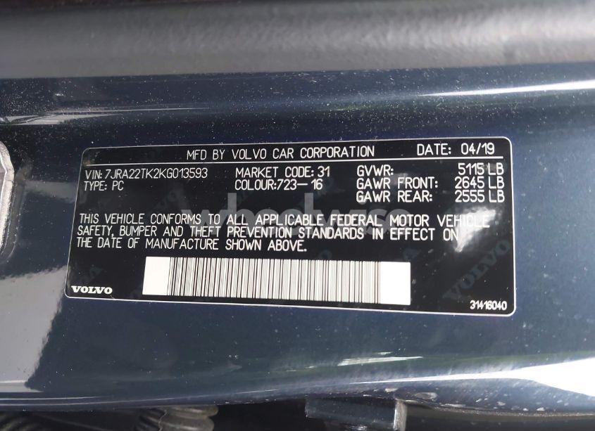 Photo 9 of 2019 Volvo S60 T6 MOMENTUM (VIN 7JRA22TK2KG013593)