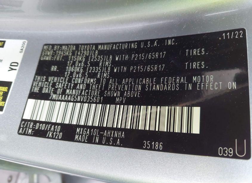 Photo 9 of 2022 Toyota Corolla CROSS L (VIN 7MUAAAAG5NV035601)