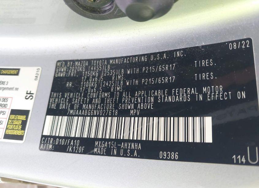 Photo 9 of 2022 Toyota Corolla CROSS L (VIN 7MUAAABG6NV027618)