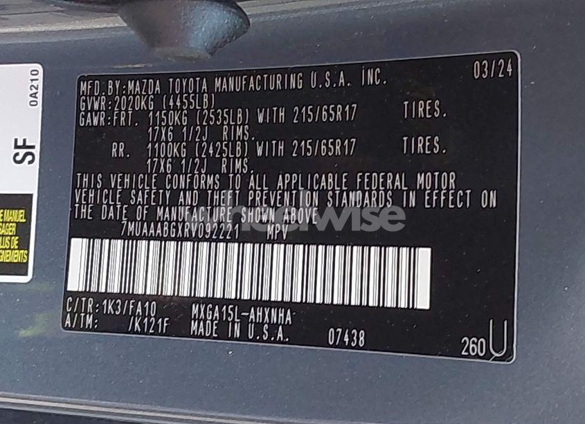 Photo 9 of 2024 Toyota Corolla CROSS L (VIN 7MUAAABGXRV092221)