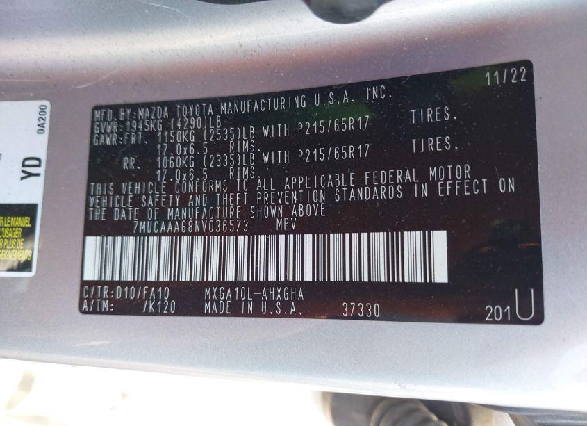 Photo 9 of 2022 Toyota Corolla CROSS LE (VIN 7MUCAAAG8NV036573)