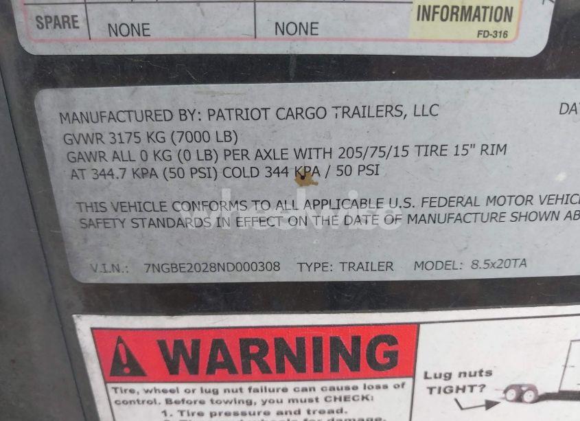Photo 9 of 2022 Patriot Cargo TRAILER 8.5X20 (VIN 7NGBE2028ND000308)