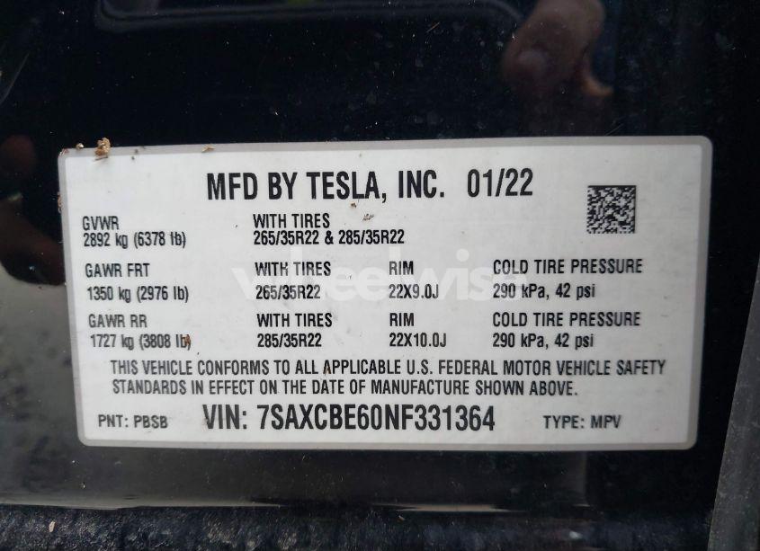 Photo 9 of 2022 Tesla Model X PLAID TRI MOTOR ALL-WHEEL DRIVE (VIN 7SAXCBE60NF331364)