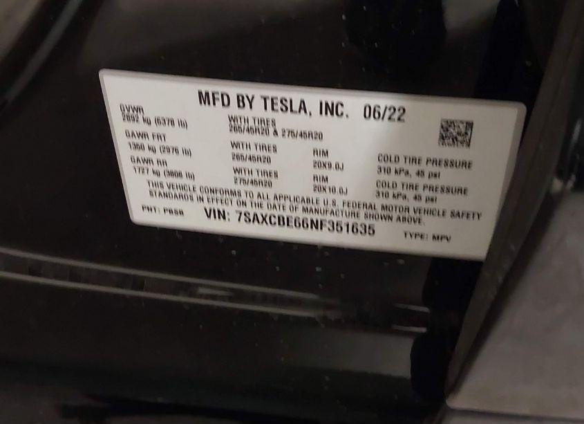 Photo 5 of 2022 Tesla Model X PLAID TRI MOTOR ALL-WHEEL DRIVE (VIN 7SAXCBE66NF351635)