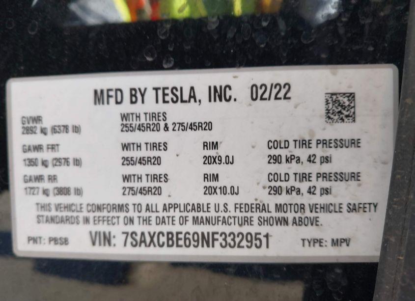 Photo 9 of 2022 Tesla Model X PLAID TRI MOTOR ALL-WHEEL DRIVE (VIN 7SAXCBE69NF332951)