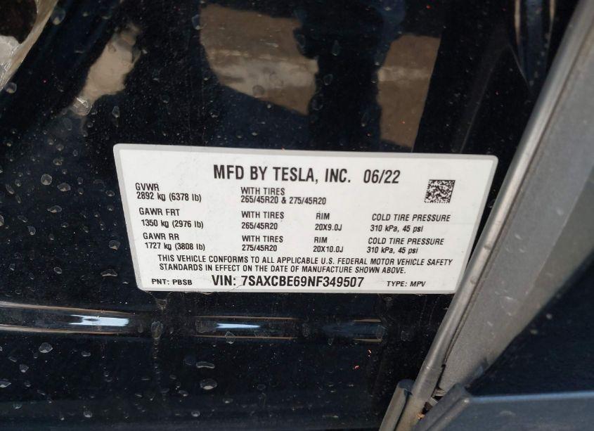Photo 9 of 2022 Tesla Model X PLAID TRI MOTOR ALL-WHEEL DRIVE (VIN 7SAXCBE69NF349507)