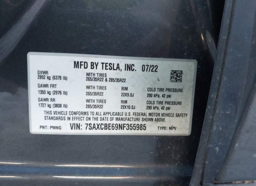 Photo 9 of 2022 Tesla Model X PLAID TRI MOTOR ALL-WHEEL DRIVE (VIN 7SAXCBE69NF355985)