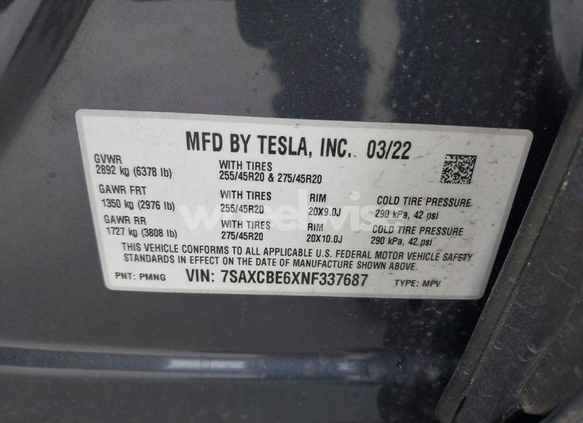 Photo 9 of 2022 Tesla Model X PLAID TRI MOTOR ALL-WHEEL DRIVE (VIN 7SAXCBE6XNF337687)