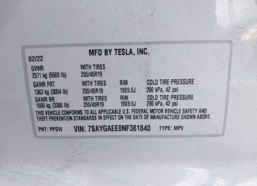 Photo 9 of 2022 Tesla Model Y LONG RANGE DUAL MOTOR ALL-WHEEL DRIVE (VIN 7SAYGAEE0NF381840)