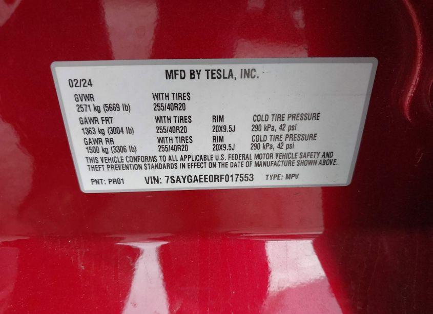 Photo 9 of 2024 Tesla Model Y LONG RANGE DUAL MOTOR ALL-WHEEL DRIVE (VIN 7SAYGAEE0RF017553)