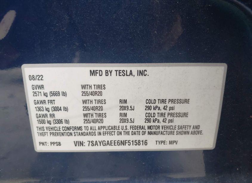 Photo 9 of 2022 Tesla Model Y LONG RANGE DUAL MOTOR ALL-WHEEL DRIVE (VIN 7SAYGAEE6NF515816)