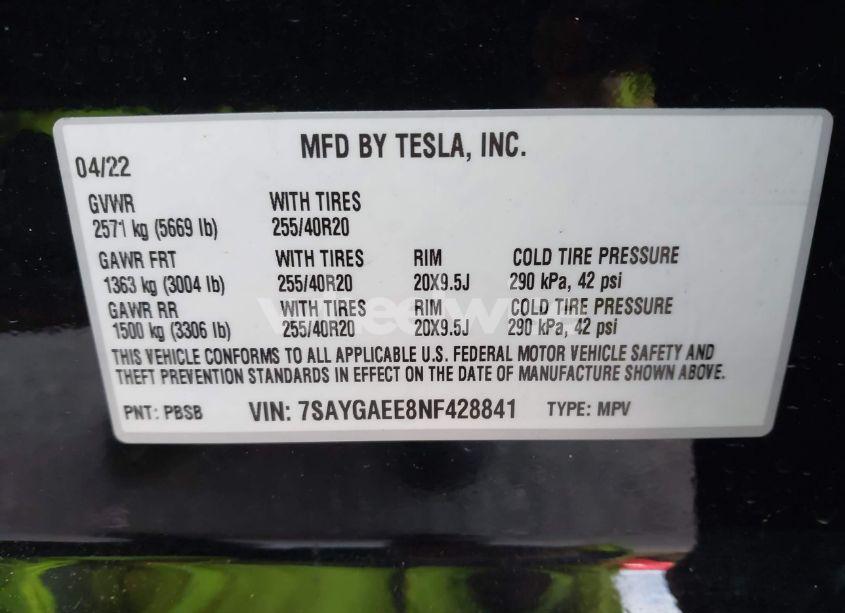 Photo 9 of 2022 Tesla Model Y LONG RANGE DUAL MOTOR ALL-WHEEL DRIVE (VIN 7SAYGAEE8NF428841)