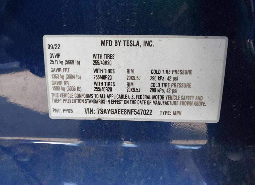 Photo 9 of 2022 Tesla Model Y LONG RANGE DUAL MOTOR ALL-WHEEL DRIVE (VIN 7SAYGAEE8NF547022)