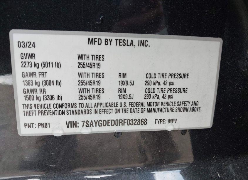 Photo 9 of 2024 Tesla Model Y LONG RANGE DUAL MOTOR ALL-WHEEL DRIVE/RWD (VIN 7SAYGDED0RF032868)