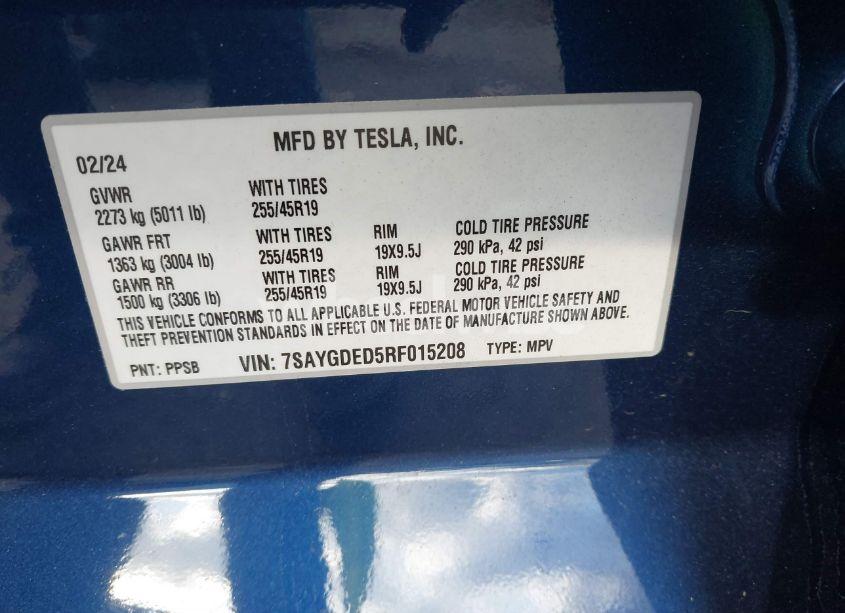 Photo 9 of 2024 Tesla Model Y LONG RANGE DUAL MOTOR ALL-WHEEL DRIVE/RWD (VIN 7SAYGDED5RF015208)