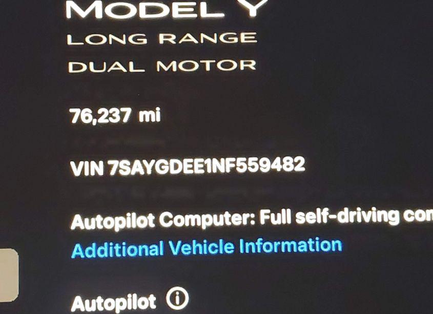Photo 15 of 2022 Tesla Model Y LONG RANGE DUAL MOTOR ALL-WHEEL DRIVE (VIN 7SAYGDEE1NF559482)
