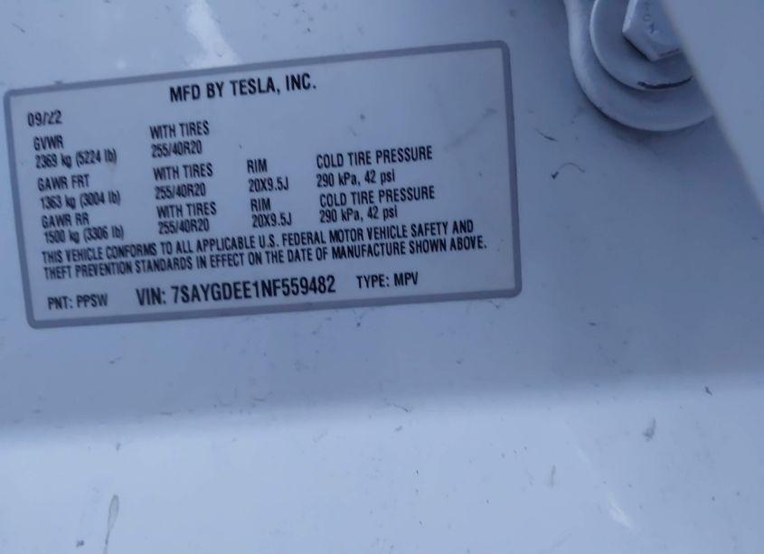 Photo 9 of 2022 Tesla Model Y LONG RANGE DUAL MOTOR ALL-WHEEL DRIVE (VIN 7SAYGDEE1NF559482)