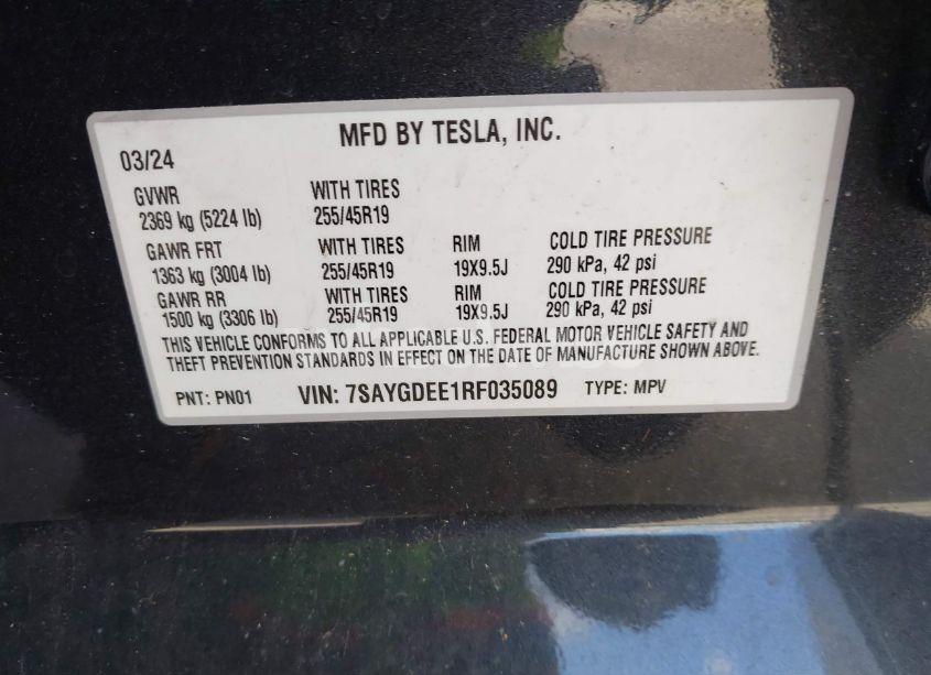 Photo 9 of 2024 Tesla Model Y LONG RANGE DUAL MOTOR ALL-WHEEL DRIVE (VIN 7SAYGDEE1RF035089)
