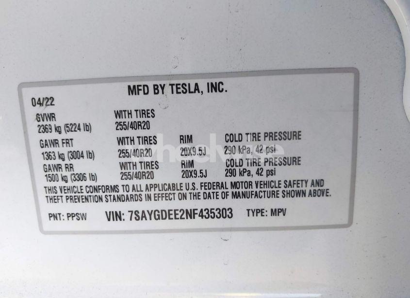 Photo 9 of 2022 Tesla Model Y LONG RANGE DUAL MOTOR ALL-WHEEL DRIVE (VIN 7SAYGDEE2NF435303)