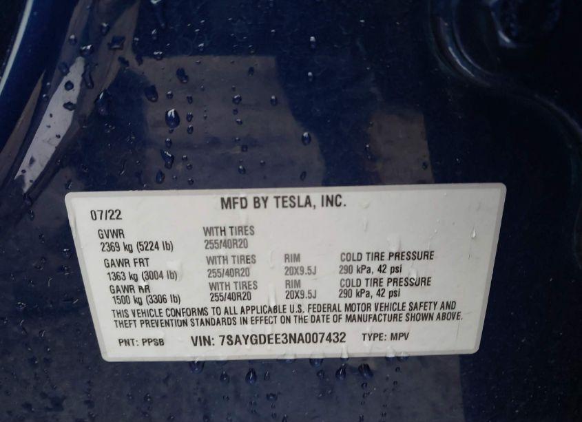 Photo 9 of 2022 Tesla Model Y LONG RANGE DUAL MOTOR ALL-WHEEL DRIVE (VIN 7SAYGDEE3NA007432)