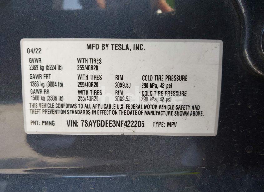 Photo 9 of 2022 Tesla Model Y LONG RANGE DUAL MOTOR ALL-WHEEL DRIVE (VIN 7SAYGDEE3NF422205)