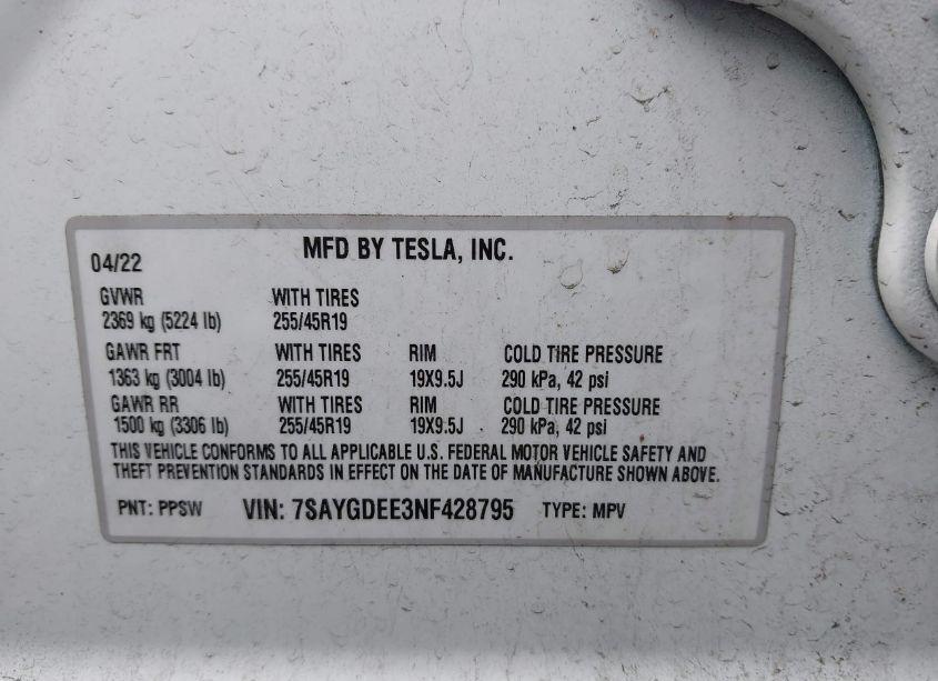 Photo 9 of 2022 Tesla Model Y LONG RANGE DUAL MOTOR ALL-WHEEL DRIVE (VIN 7SAYGDEE3NF428795)