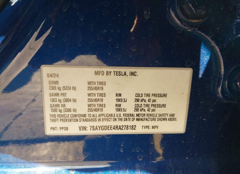 Photo 9 of 2024 Tesla Model Y LONG RANGE DUAL MOTOR ALL-WHEEL DRIVE (VIN 7SAYGDEE4RA278182)