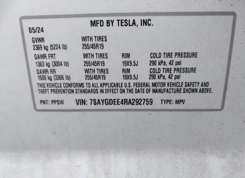 Photo 9 of 2024 Tesla Model Y LONG RANGE DUAL MOTOR ALL-WHEEL DRIVE (VIN 7SAYGDEE4RA292759)