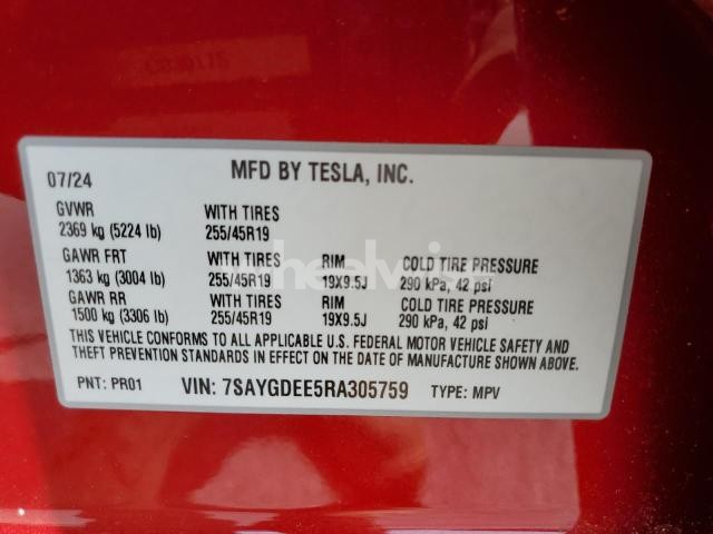 Photo 5 of 2024 TESLA MODEL Y (VIN 7SAYGDEE5RA305759)
